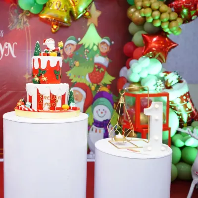 A close-up of a festive Christmas-themed birthday cake and decor, perfect for a December baby.