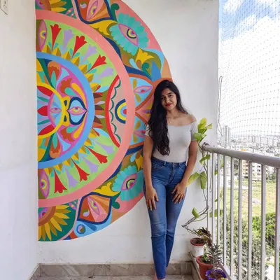 This colorful eye mandala was designed for a balcony, creating a vibrant backdrop for morning coffee or evening relaxation.