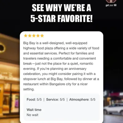 This 5-star review praises our well-designed and well-equipped food plaza, calling it perfect for families and travelers needing a comfortable break.