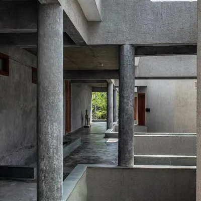 At the Anahaspa wellness retreat, we used a language of raw concrete and carefully carved voids. The corridors and passages are designed as a sequence of frames, creating a rhythmic interplay of light, shadow, and views of the surrounding nature.