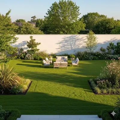 A wide view of a formal residential garden with a perfectly cut lawn. The design features symmetrical flower beds, a clean white boundary wall, and a designated seating area for a balanced and elegant look.