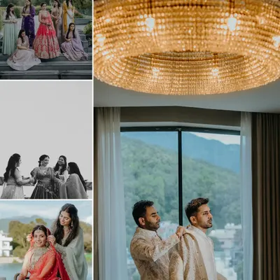 A collage capturing the 'getting ready' moments with friends and family. From the groom adjusting his sherwani to the bride with her bridesmaids, we document the support system surrounding you.