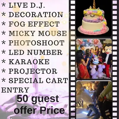 This graphic details our comprehensive party package for 50 guests. It includes a live DJ, decoration, fog effect, Mickey Mouse, a photoshoot, karaoke, and a special cart entry, all for one offer price.