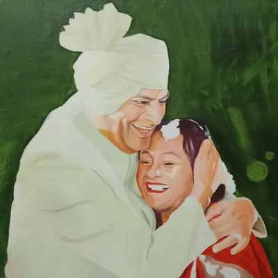 Here's the wedding portrait about halfway through the process. At this stage, the forms are defined and the base colors are laid down, getting ready for the detailed work that brings the subjects to life.
