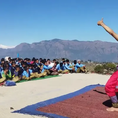 Performing for students in the open air with the Himalayas in the background was an unforgettable experience. This was during a workshop demonstration for SPIC MACAY in Uttarakhand.