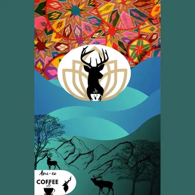 This is the complete digital artwork for the 'Ani-co Coffee' concept. I put a lot of mehnat into this, creating the deer logo from scratch and blending the mountain landscape with the vibrant pattern. This shows how a custom logo can be the centerpiece of your brand's story.