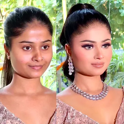 I am obsessed with this full glam engagement look. The transformation is stunning, with a focus on creating a sculpted face, dramatic eyes, and a flawless, dewy finish.