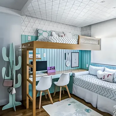 A perfect example of a shared kids' room that maximizes space. This loft bed design includes a desk for two underneath, creating separate study areas while leaving floor space for play.