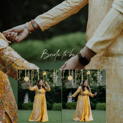 A creative collage showing the bride-to-be in her yellow Haldi outfit, combined with a close-up of the couple holding hands.