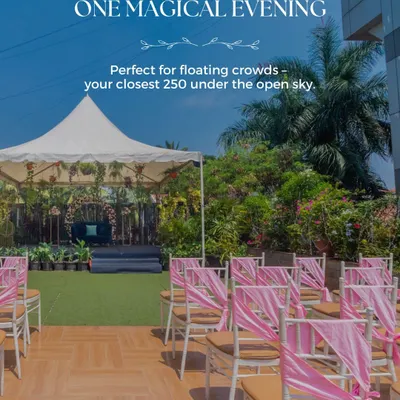 The Terrace Garden is perfect for a magical evening with up to 250 floating guests, featuring elegant seating and a canopied stage.