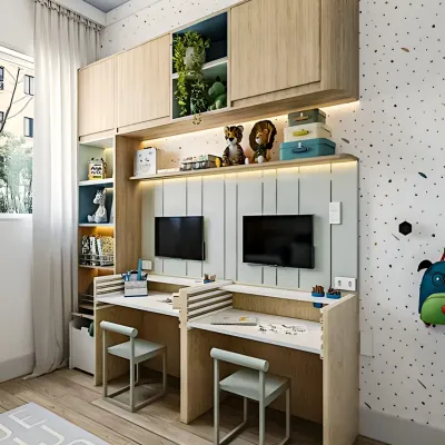 This shared study area for two children is designed to be both playful and practical. It features identical side-by-side desks, ergonomic chairs, and a combination of open and closed overhead storage, with a touch of greenery to liven up the space.