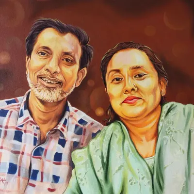 This realistic couple's portrait, painted with acrylics on a 2.5 by 2 feet canvas, focuses on capturing their exact likeness and warm expressions for an anniversary gift.