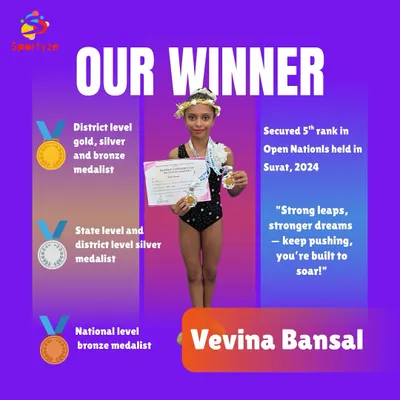 Meet our winner, Vevina Bansal. Her collection of district, state, and national medals is a testament to her incredible hard work and the high-level competitive gymnastics training we provide.