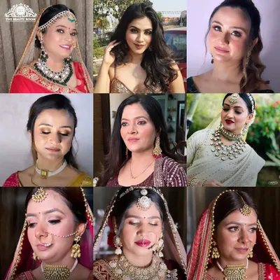 A collage showcasing the variety of bridal and party looks I've created. From traditional brides to modern glam, I love working with each client to bring their unique vision to life.