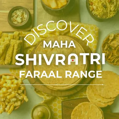 Discover my Maha Shivratri Faraal range. This image is a beautiful collage of all my fasting-approved snacks, from chips and sticks to chivda and bhakri.