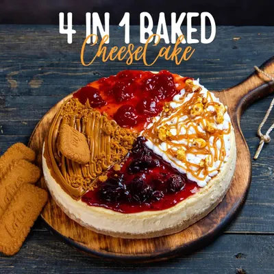 Our 4-in-1 Baked Cheesecake is the ultimate treat for the indecisive dessert lover. It features sections of Lotus Biscoff, Blueberry, Salted Caramel, and Strawberry on one creamy cheesecake base.