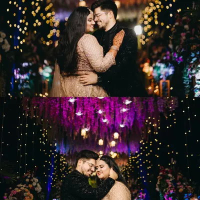 A collage of romantic moments under a sky of twinkling lights. These portraits capture the couple's deep connection, with the bokeh effect of the lights adding a magical, dreamlike quality to their embrace.