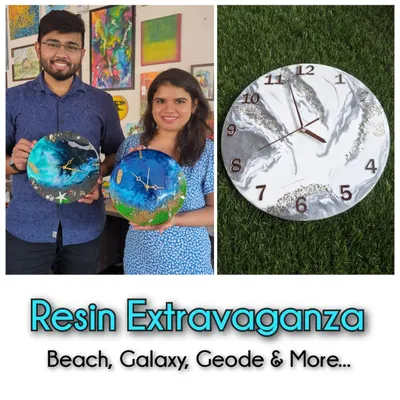 An extravaganza of resin art. We offer workshops to create everything from beach scenes and galaxy clocks to luxurious geode art.