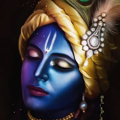 A digital portrait of Lord Krishna in a state of meditation. I focused on creating a sense of calm and divinity through the soft expression, glowing skin, and the beautifully detailed peacock feather in his turban.