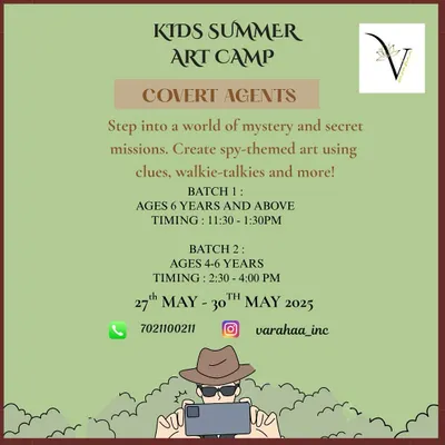 A top-secret mission for young artists. This poster is for my Covert Agents Summer Art Camp, where kids step into a world of mystery and create spy-themed art using clues, walkie-talkies, and more.