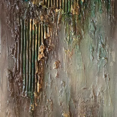 Every painting has a story. This piece is inspired by the textures of old homes, with their weathered walls and rustic charm. The layers and colors remind me of the past. What does this artwork remind you of?