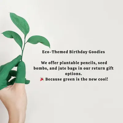 We offer thoughtful, eco-themed return gifts for your party. Options include plantable pencils, seed bombs, and jute bags, because we believe green is the new cool.