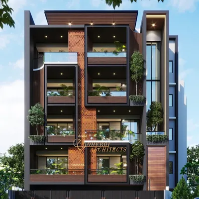 The facade of this modern residence is defined by a dynamic interplay of brick jaali work, wood-clad boxes, and large glass balconies, creating a visually striking and contemporary exterior.