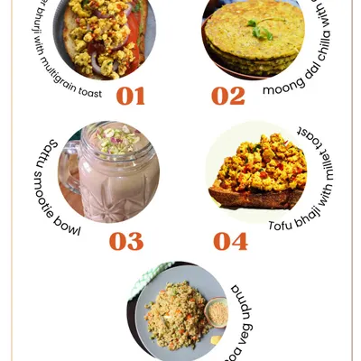 A visual guide to my top 5 complete veg breakfasts for weight loss. You can enjoy delicious options like paneer bhurji, moong dal chilla, sattu smoothie bowls, tofu bhaji, and veggie upma.