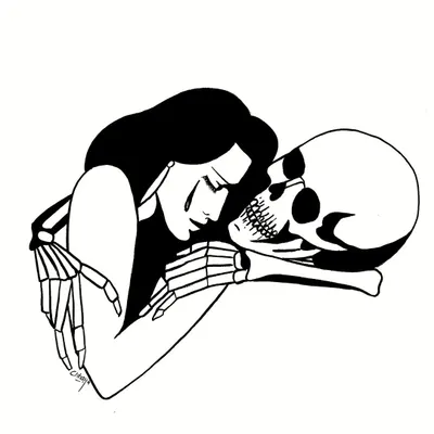 A poignant illustration of a woman crying while embracing a skeleton. This piece is about love that endures beyond loss, capturing the feeling of holding onto someone who is no longer there.