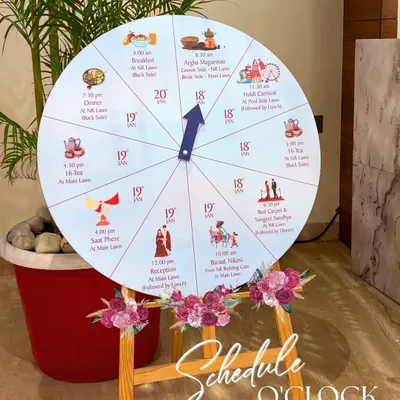 Why use a boring itinerary when you can have a "Schedule O'Clock"? I designed this interactive spin-the-wheel schedule to guide guests through the events in a fun and engaging way.
