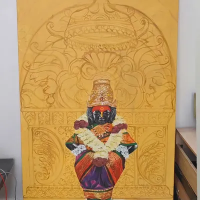 A work in progress of a large commissioned painting of Vittal and Raghumai of Pandharpur. Here, the figures are mostly complete, and I am beginning to sketch the intricate temple architecture in the background.