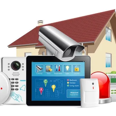 We design and install comprehensive home security ecosystems that combine video surveillance, alarm systems, and smart access controls. This visual represents a typical integrated setup, where a central tablet controls cameras, sensors, and sirens for complete property management.