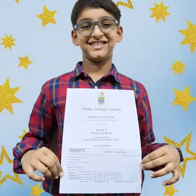 Celebrating excellence in music theory. Congratulations to Rayyan for securing a distinction in his Grade 1 'Theory of Music' exam from Trinity College London.