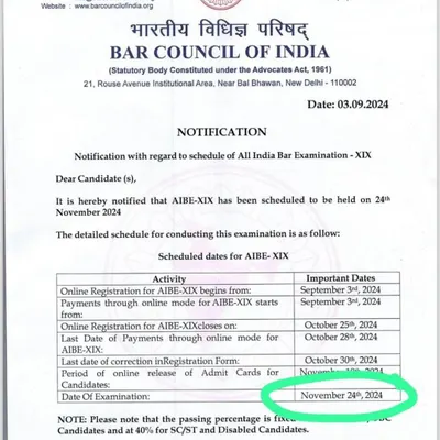 Important dates for the All India Bar Examination (AIBE) XIX. The exam is scheduled for November 24, 2024. A crucial step for every law graduate wanting to practice in India.