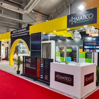 A wide view of our exhibition booth at D-arc BUILD 2024. We designed the space to be an interactive showcase of our smart and sustainable solutions, from solar panels to automated gates.