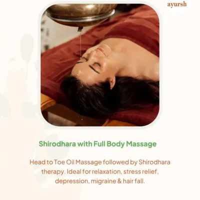 Experience the ultimate relaxation with our Shirodhara and full body massage combination. This head-to-toe oil massage followed by the calming oil-pouring therapy is ideal for tackling stress, depression, migraines, and even hair fall.