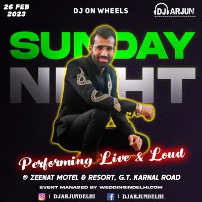 This poster for a "Baraat Night" gig highlights my specialized 'DJ on Wheels' service. I bring the club to the streets for the most energetic groom's procession.