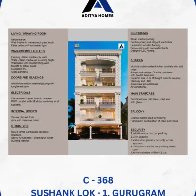 This is our project at C-368, Sushant Lok-1. This spec sheet details the high-quality materials we use, from Italian marble in the living room to modular kitchens and European WCs.