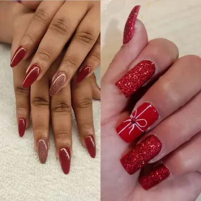We love creating bold and festive looks. This image showcases two different styles using red polish: one with a sophisticated glitter accent nail and another with a playful, hand-painted gift bow design.