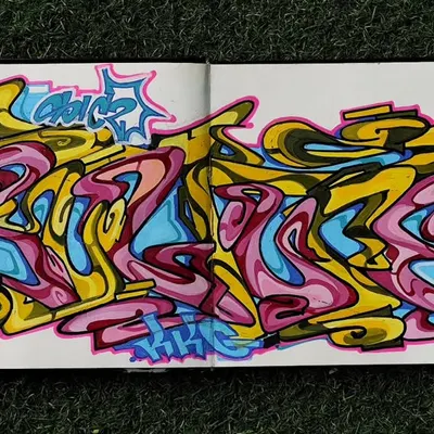Going back to basics with a graffiti sketch in my black book. This is where the ideas start, working out the flow, letter structure, and color combinations before I ever touch a screen. This piece shows the wildstyle foundation of all my digital work.