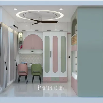 This is a 3D render of a kids' bedroom, showing the wardrobe and study area. The design uses playful arched shapes and a pastel color palette of pink, green, and white.