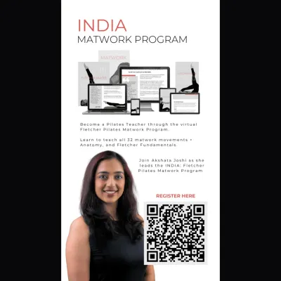 Join me for the India Fletcher Pilates Matwork Program. This poster gives you a look at the virtual course materials and how you can register to become a certified Pilates teacher from anywhere.