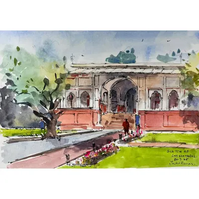 A watercolor and ink sketch of Sher Mandal. It was a beautiful Sunday morning, and even though parking was tricky, I was determined to sketch this historic spot. The 40-minute drive from Sonipat was completely worth it.