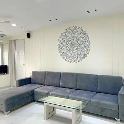 A finished mandala mural creating a serene focal point in a client's living space. The grey and white design adds intricate detail without overwhelming the room's clean aesthetic.
