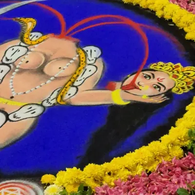 A close-up of the Chhinnamasta mandala, one of the Dasha Mahavidyas (ten great wisdom goddesses). Her worship is for radical transformation and overcoming the ego.