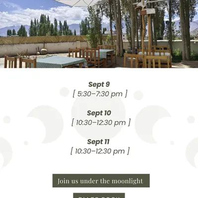 An invitation to join us under the moonlight in Ladakh. These posters detail the dates and times for our special full moon gatherings, which are designed to foster connection and creation.
