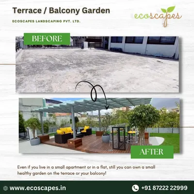 A powerful before-and-after of a terrace garden project. We took a plain concrete slab and converted it into a high-end outdoor living room with decking, a pergola, and stylish furniture.