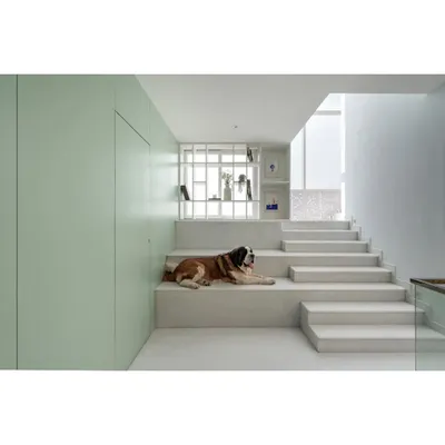A minimalist interior from the 'House Above the Tree' project, featuring a wide, inhabitable staircase and clean, simple lines. The design prioritizes a sense of calm and spaciousness.