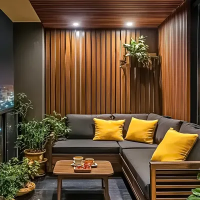 A cozy and intimate balcony designed for evening relaxation. The dark wood paneling, comfortable L-shaped sofa, and warm lighting create a perfect urban hideaway with a view of the city lights.