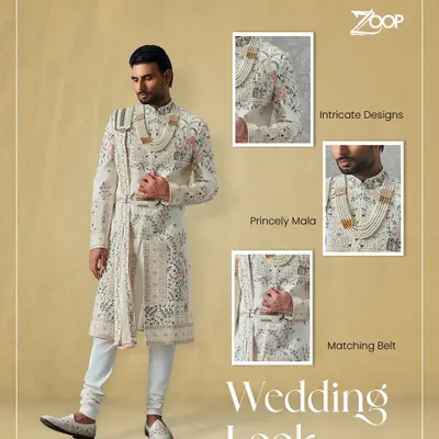 A wedding look should be as unique as your love story. This ensemble features a sherwani with intricate designs, paired with a princely mala and a matching belt for a complete, regal appearance.